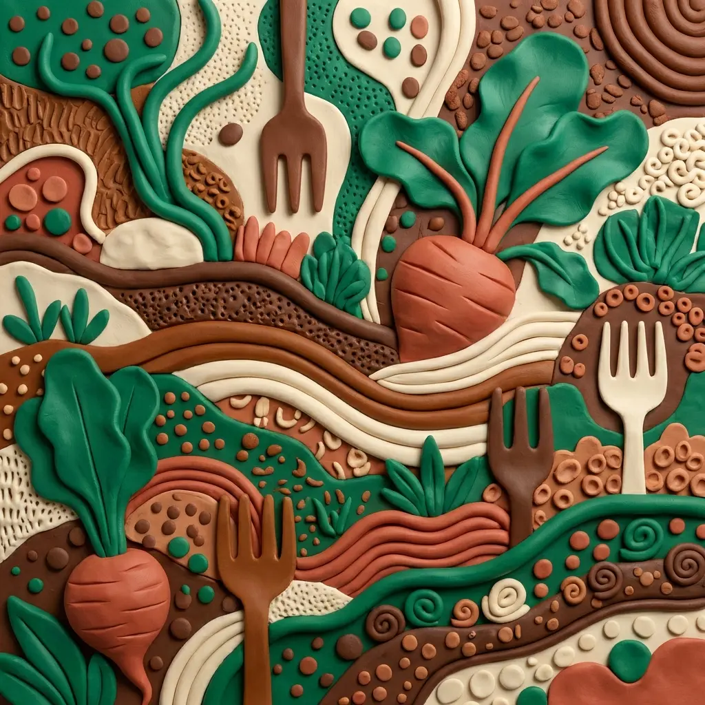 Allotment garden scene in colorful clay