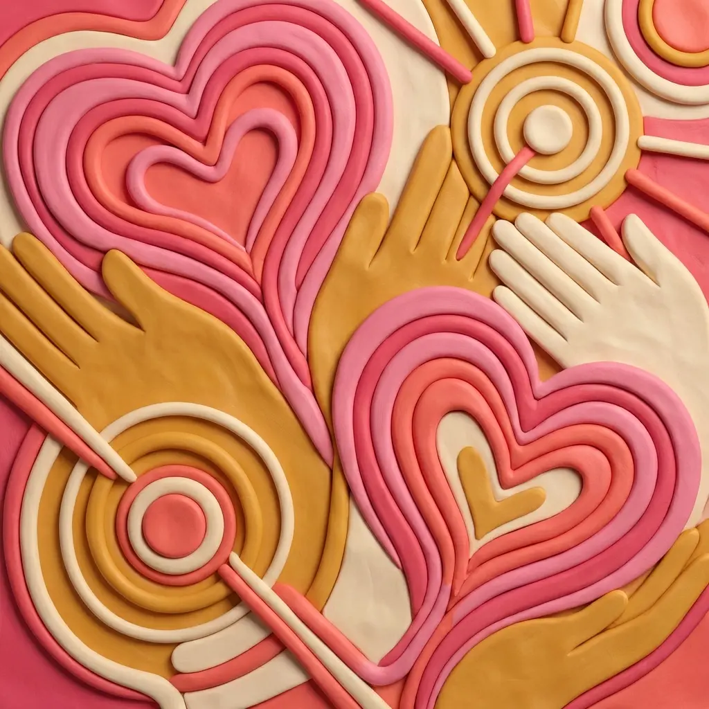 Charity giving scene in colorful clay