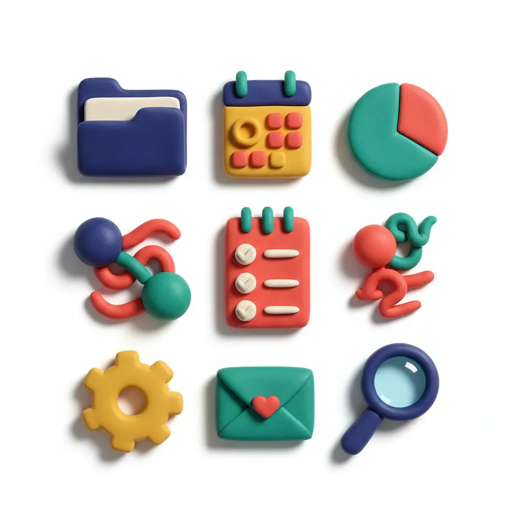 Colorful claymation-style business objects arranged in knolling layout